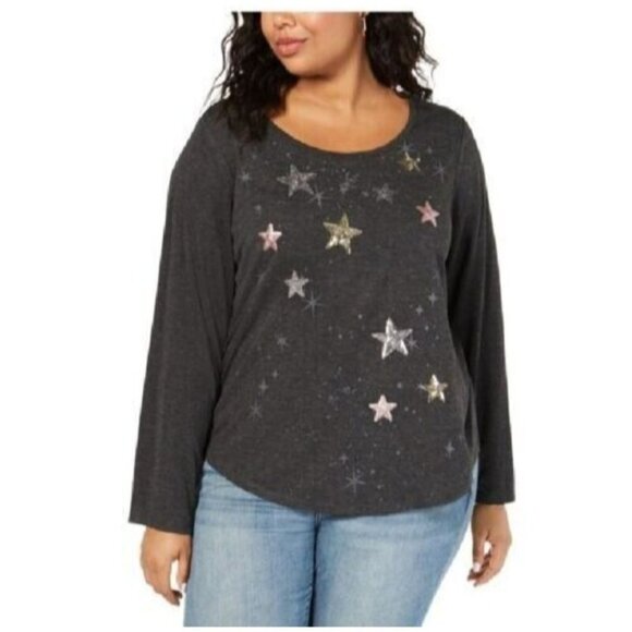 Style&co. Tops - Style & Co Womens Long‎ Sleeve Gray Sequin Stars Boat Neck Plus Size 1X
